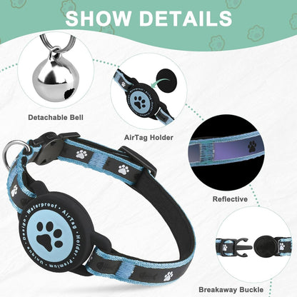 Airtag Cat Collar Breakaway, Reflective Cat Collar with AirTag Holder and Bell, Compatible with Apple Air Tag, Comfortable Padding, Adjustable, Durable (Blue, XS)