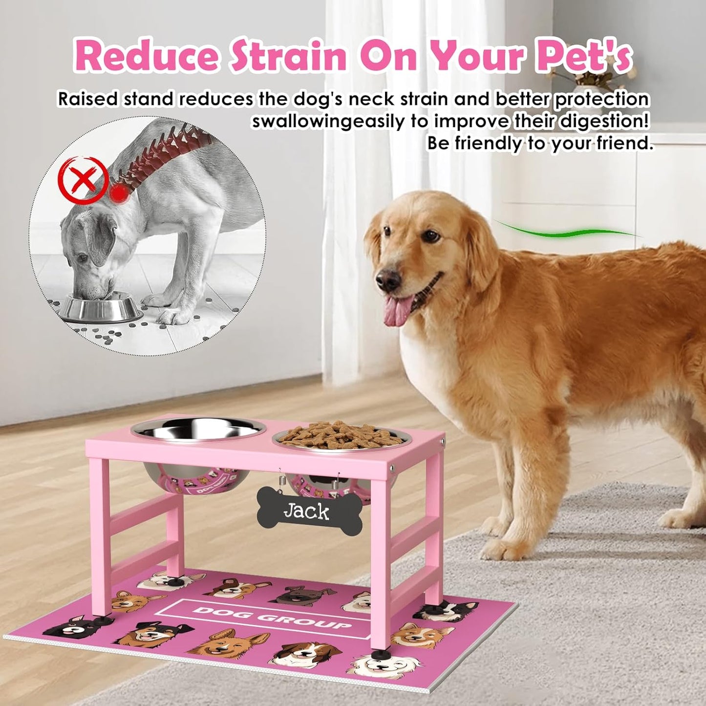 Elevated Dog Bowls, 10" Tall Height, ADENGL Raised Bowl Stand with 2 Stainless Steel Food Feeder Bowls (60oz) and Spill-Proof Mat for Medium Large ＆ Small Breeds, Pink