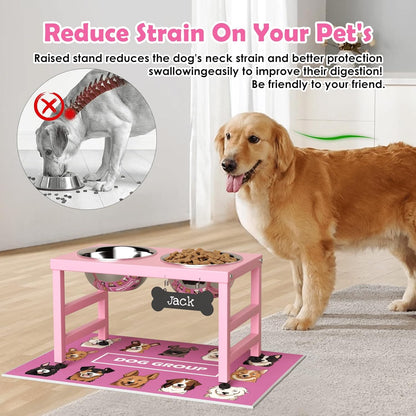 Elevated Dog Bowls, 10" Tall Height, ADENGL Raised Bowl Stand with 2 Stainless Steel Food Feeder Bowls (60oz) and Spill-Proof Mat for Medium Large ＆ Small Breeds, Pink