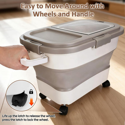 ShineMe 20Lbs Collapsible Pet Food Storage Container with Airtight Lid, Dog Food Storage Container with Measuring Scoop and Cup, Wheels & Handle for Easy Moving, Keep Dry Food Fresh (Khaki)