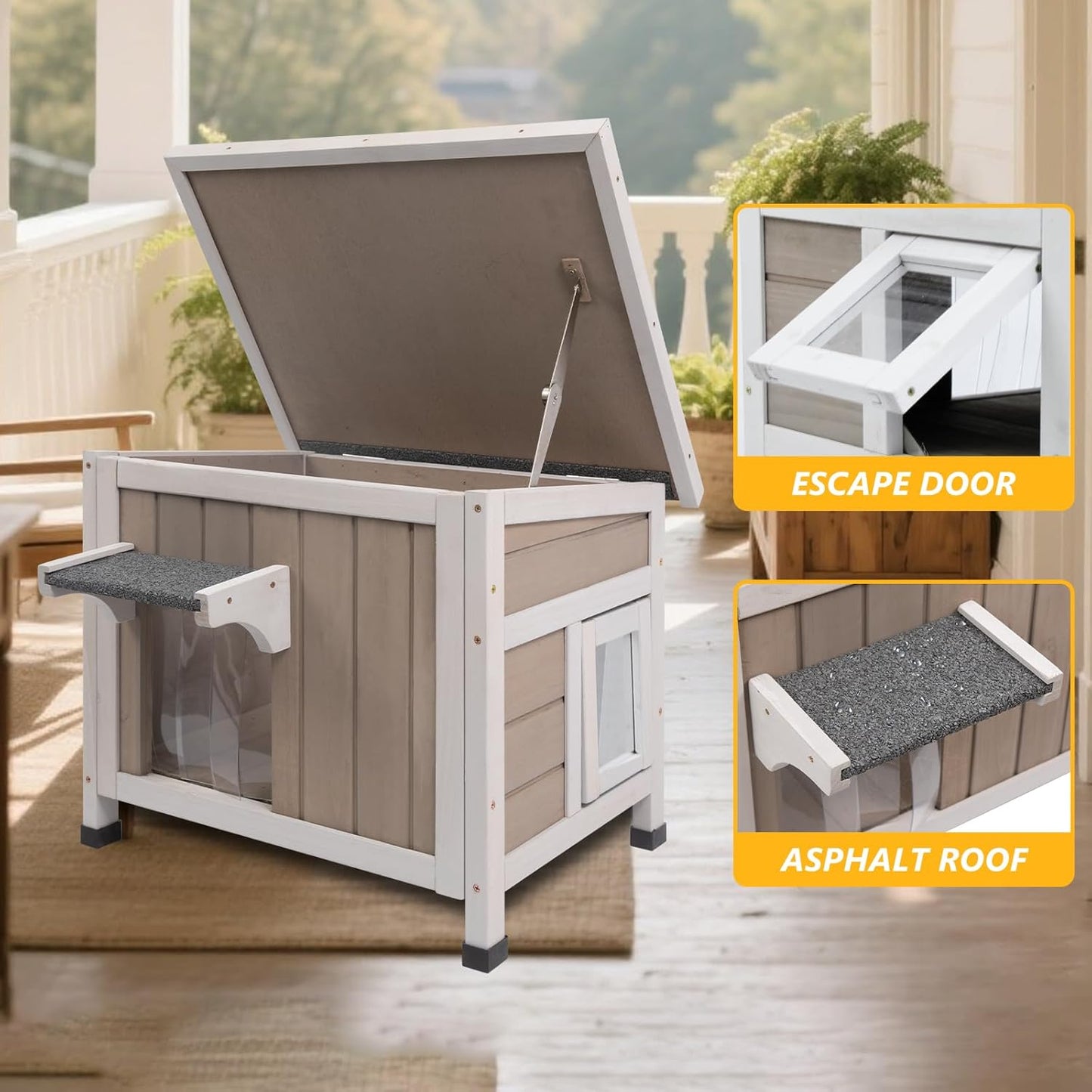 22.44" L Cat House,Feral Cat Shelter for Kittens,Outdoor Weatherproof Cat Enclosure with Openable Asphalt Roof & 2 Escape Doors for Small Cats,Suit for 1-2 Cat,Grey
