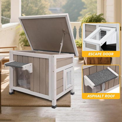 22.44" L Cat House,Feral Cat Shelter for Kittens,Outdoor Weatherproof Cat Enclosure with Openable Asphalt Roof & 2 Escape Doors for Small Cats,Suit for 1-2 Cat,Grey