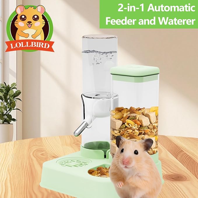 2-in-1 Hamster Water Bottle & Enhanced Food Dispenser - 35% Larger Food Capacity, Leak-Proof Design for Glass Tanks/Wire Cages Small Animal Accessories (Green, 4.9IN+5.1IN+5.7)
