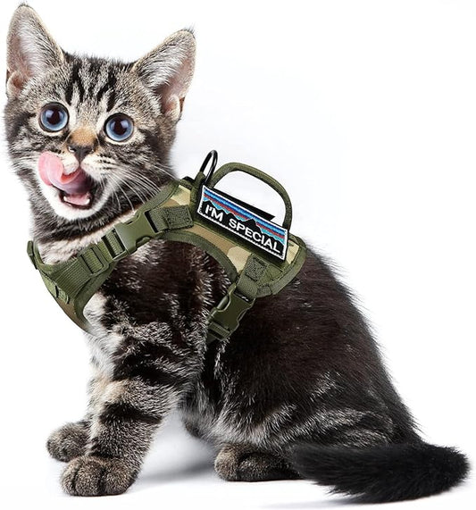 Tactical Cat Harness for Walking, Adjustable Escape Proof Pet Vest for Large Cat,Easy Control Breathable Cat Vest with Handle，Molle Patches (Camo Green, L)