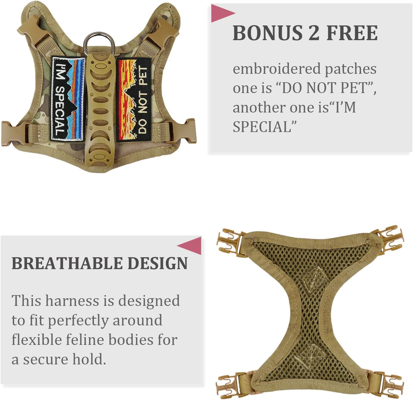 Tactical Cat Harness and Leash for Walking Esacpe Proof,Adjustable Soft Mesh Large Cat Vest with Rubber Handle Easy to Control,Molle Patches