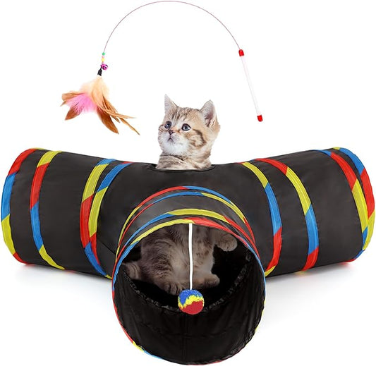 Tempcore 3 Way Collapsible Cat Tube Toys, Kitty Tunnel with Peek Hole Toy Ball, Black & Rainbow