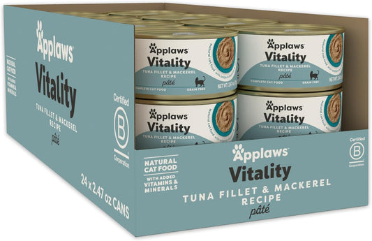 Applaws Vitality Wet Cat Food Paté, Natural Cat Food with Added Vitamins & Minerals, Grain-Free, Carrageenan Free, Tuna Fillet and Mackerel Recipe (24 Count, 2.47 oz Cans)