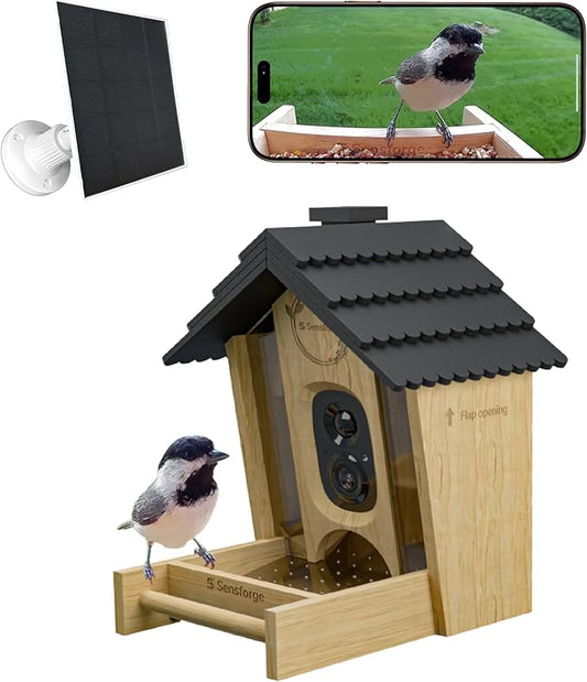 Sensforge Smart Bird Feeder with Camera - Wooden, Solar-Powered Outdoor Feeder with 2.5K HD Live View, Advanced AI Feature (6 Months Free), Weatherproof, App Alerts – Best Gift for Bird Lovers/Kids
