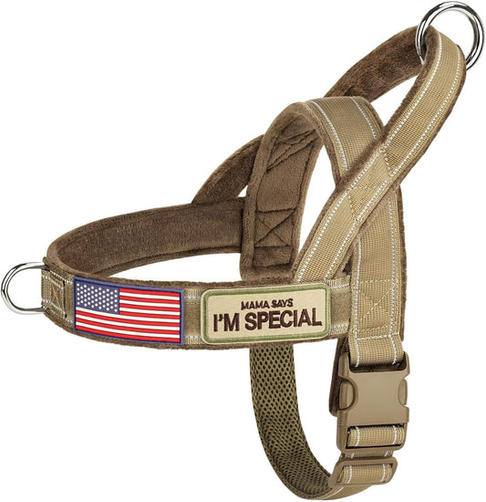 Forestpaw No Pull Dog Harness with Large Handle,Slip on Reflective Vest with Quick Release Buckle,Comfortable Flannel Lining for Medium Large Dogs Walking Training (Includes 3 Patches),Brown M