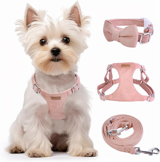 Dog Harness and Leash Set, XXS No Pull Adjustable Puppy Harness with Multifunction Pink Dog Leash and Dog Collar, Soft No Choke Escape Proof Pet Harness Vest for Small Dogs and Cats (Pink, XS)