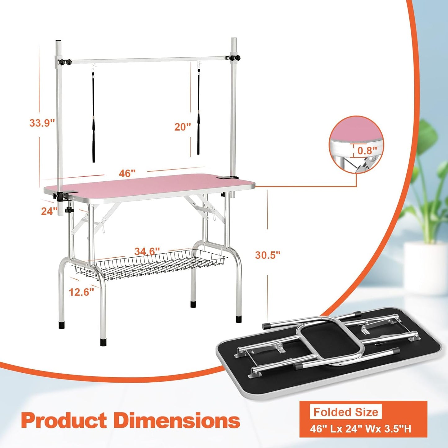 46'' Dog Grooming Table for Large Dogs, Foldable Professional Grooming Table for Dogs at Home with Double Loops/Mesh Tray/Adjustable Arm, Capacity up to 330lbs, Pink