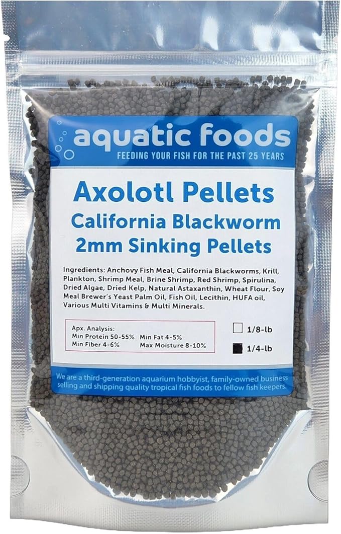 Aquatic Foods Inc. Axolotl Blackworm Pellets. 2mm-1/16 Sinking California Blackworm Small Pellets for Small Axolotl, Frogs, Shrimp, Salamanders, Newts, Snails…1/4-lb Pouch Bag