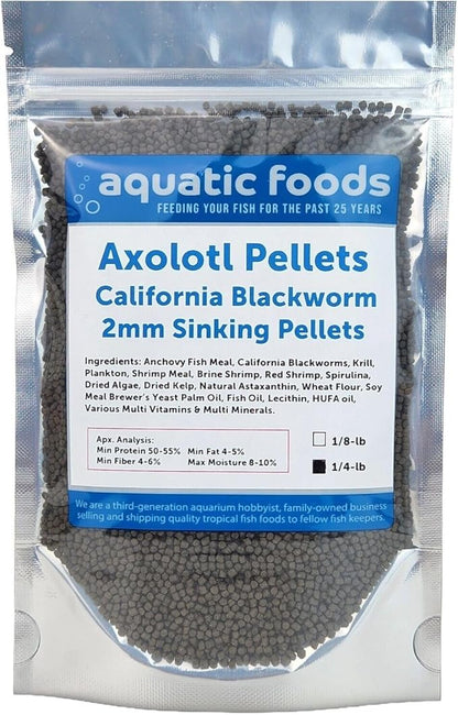 Aquatic Foods Inc. Axolotl Blackworm Pellets. 2mm-1/16 Sinking California Blackworm Small Pellets for Small Axolotl, Frogs, Shrimp, Salamanders, Newts, Snails…1/4-lb Pouch Bag
