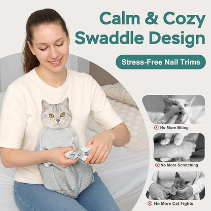 Self-Adhesive Cat Grooming Wrap, Cozy Cat Wrap for Cutting Nails, Breathable Anti-Scratch Cat Swaddle Bag for Brushing, Ear Cleaning, Dental Care, Medication, Injections, Grey S