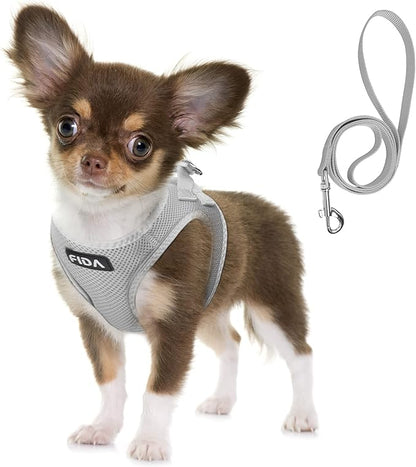 Fida Comfy Dog Harness with Leash, Soft Puppy Vest Escape Proof, Breathable Lightweight Soft Mesh, Adjustable Reflective Step-in Harness for Small Pets Walking (Small, Grey)