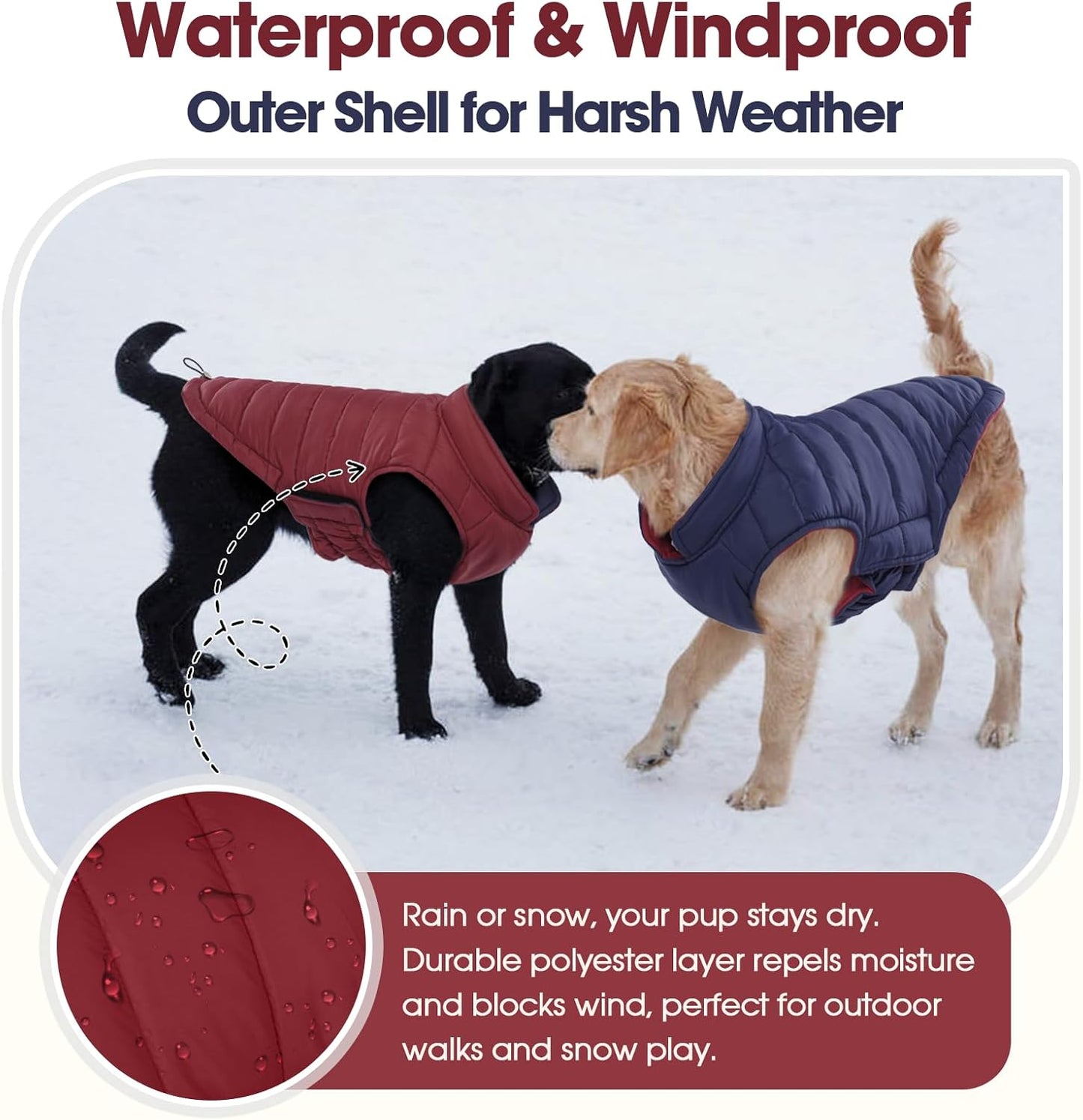 QBLEEV Reversible Dog Winter Coat, Waterproof Windproof Dog Jacket with Adjustable Fit & Leash Hole, Lightweight Warm Puffer Vest for Large Breeds, Wine Red, 2XL – Fits Labrador, Husky, Weimaraner
