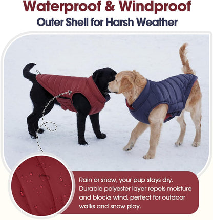 QBLEEV Reversible Dog Winter Coat, Waterproof Windproof Dog Jacket with Adjustable Fit & Leash Hole, Lightweight Warm Puffer Vest for Large Breeds, Wine Red, 2XL – Fits Labrador, Husky, Weimaraner