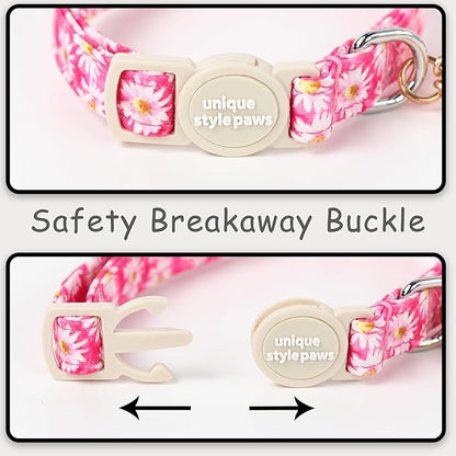 Unique style paws 2 Pack Spring Summer Kitten Collar Breakaway with Bell&Pendant, Adjustable Safety Rose Daisy Flower Cat Cotton Collar for Girl Boy Cat and Small Pet