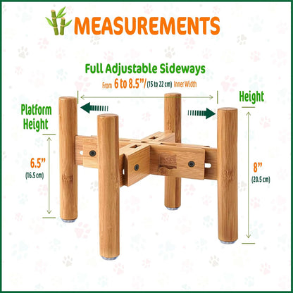 Dog Bowl Stand (9-inch Tall) for Medium Breeds - Use to Raise, Elevate Dog Food/Water Single Bowls and Feeders, Adjustable - Bamboo