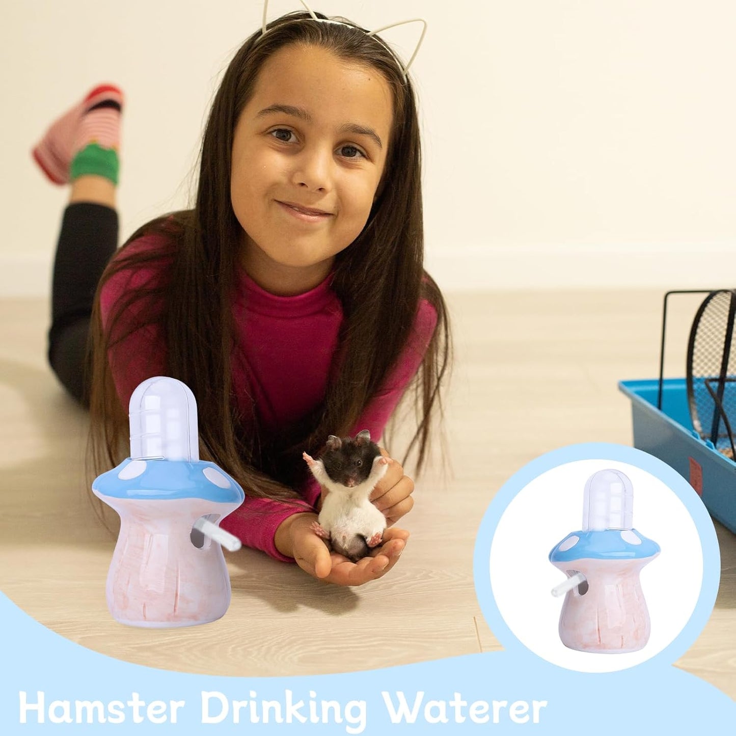 PENCK 60ml Hamster Water Bottle Pet Drinking Dispenser with Mushroom Ceramic Stand for Hamsters, Guinea Pigs & Small Animals - Leak-Proof Ceramic Water Bottle for Cage Use (Blue)
