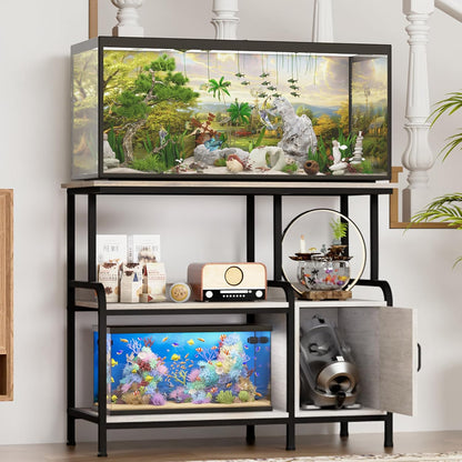 40-50 Gallon Fish Tank Stand，750 lbs Capacity Aquarium Stand，Heavy-Duty 3-Level Reptile Stand with Built-in Storage，36.8×15.7×31.5" Steel Terrarium Stand (Greige)