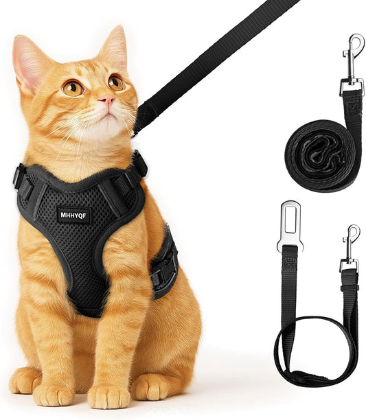 Cat Harness and Leash for Walking, Cat Car Harness, Escape Proof Soft Adjustable Vest Harnesses for Cats, Easy Control Breathable Reflective Strips Harness, Kitten Harness and Leash Set, Black, S