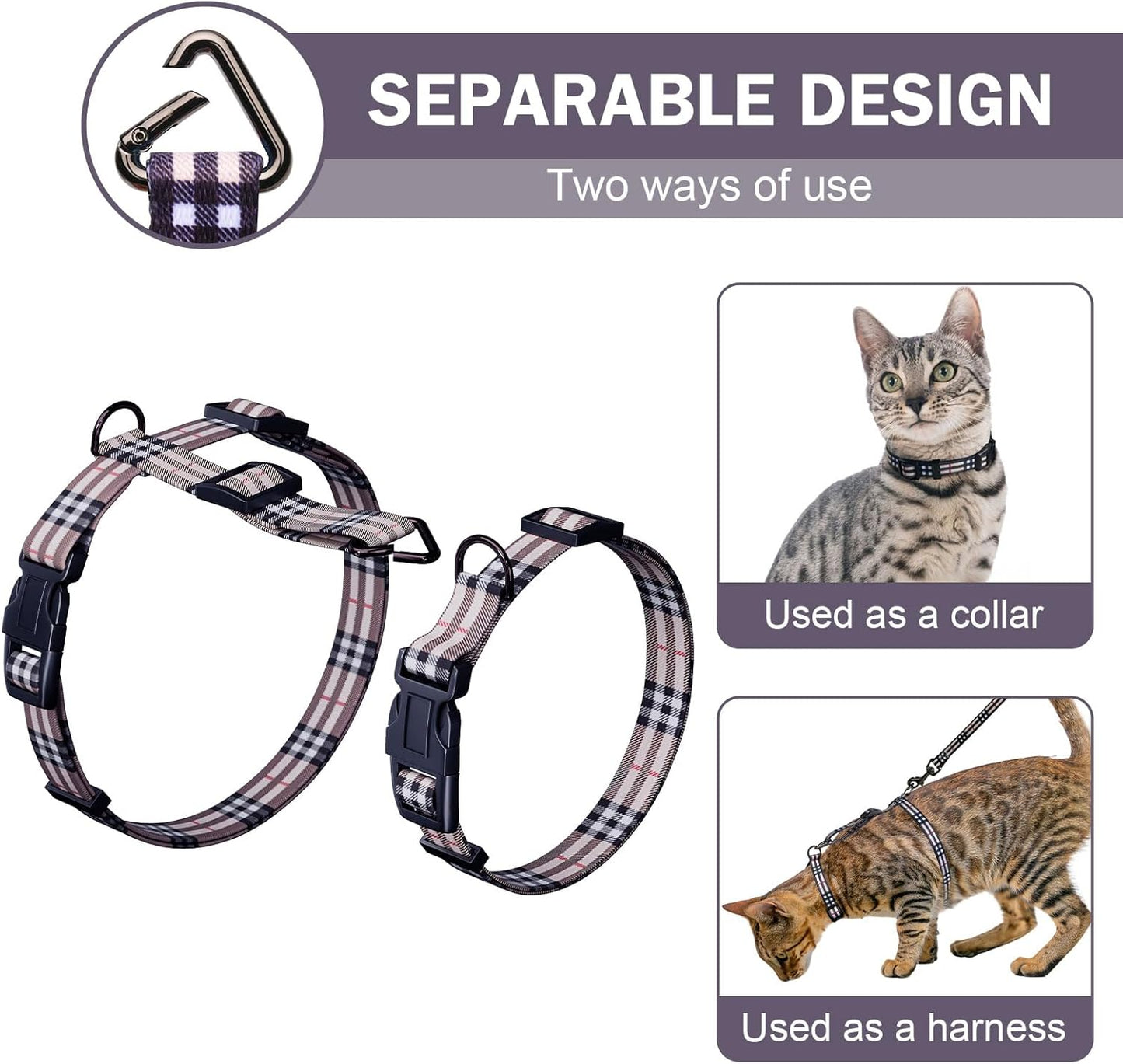 Hikiko Cat Harness and Leash Set Escape Proof Adjustable Walking Travel Soft Kitten Harness for Small Medium Large Cats (Khaki Plaid, S)