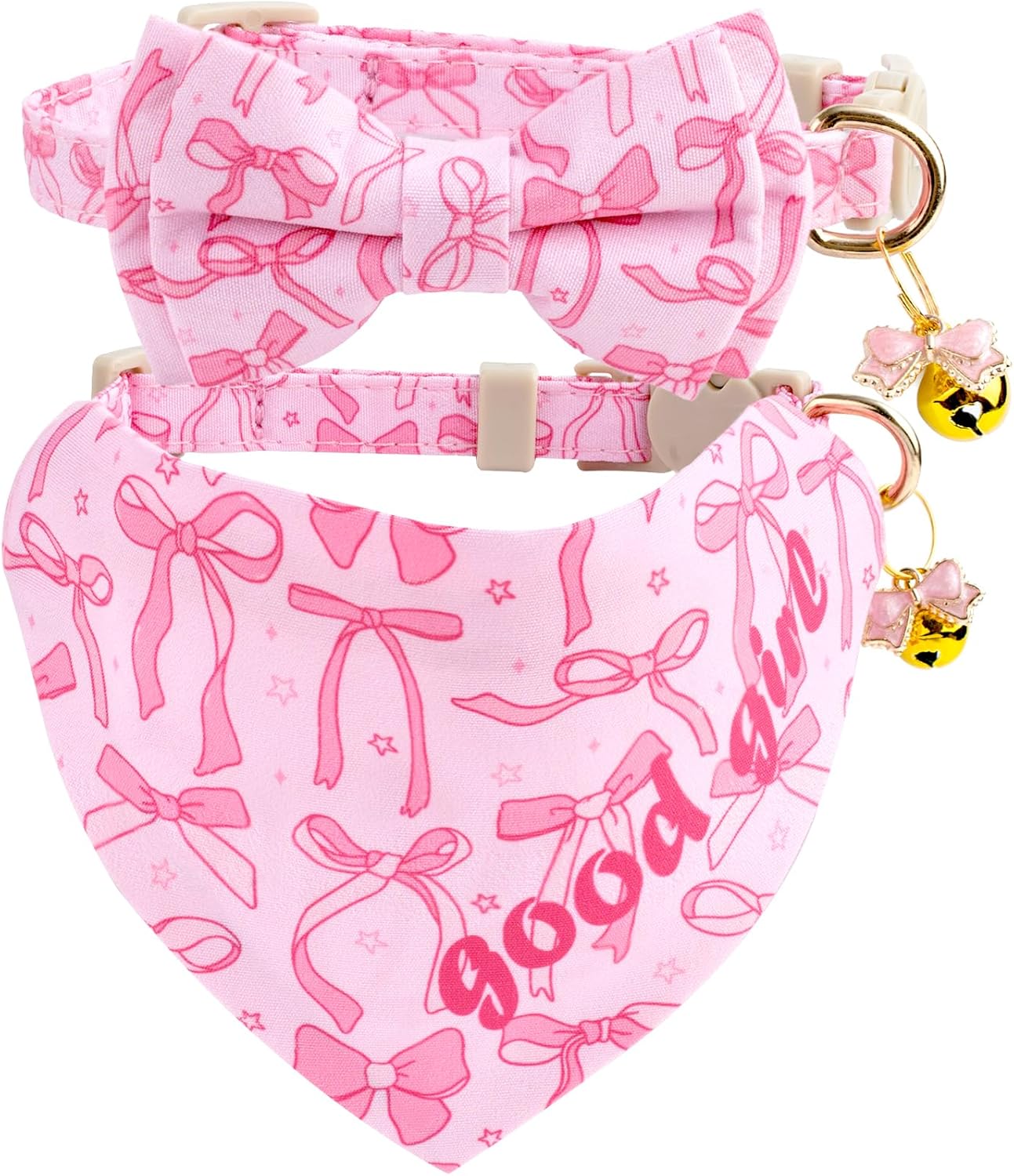 Faygarsle 2 Pack Pink Bow Pattern Cat Collar Set with Bandana and Bowtie, Breakaway Safety Collar with Bell Spring Summer Design for Girl Cats