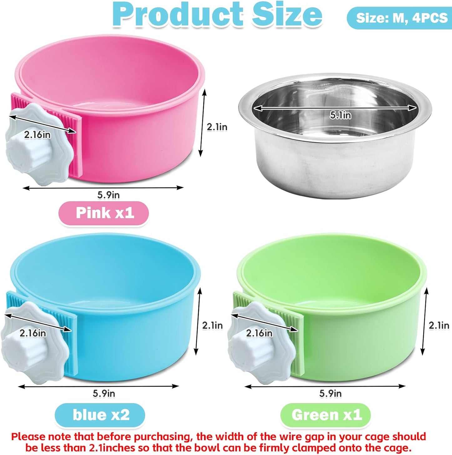 kathson Crate Dog Bowl, Removable Stainless Steel Hanging Pet Cage Bowl Food & Water Feeder Coop Cup for Cat, Puppy, Birds, Rats, Guinea Pigs 4pcs(2×Blue,1×Pink,1×Green)