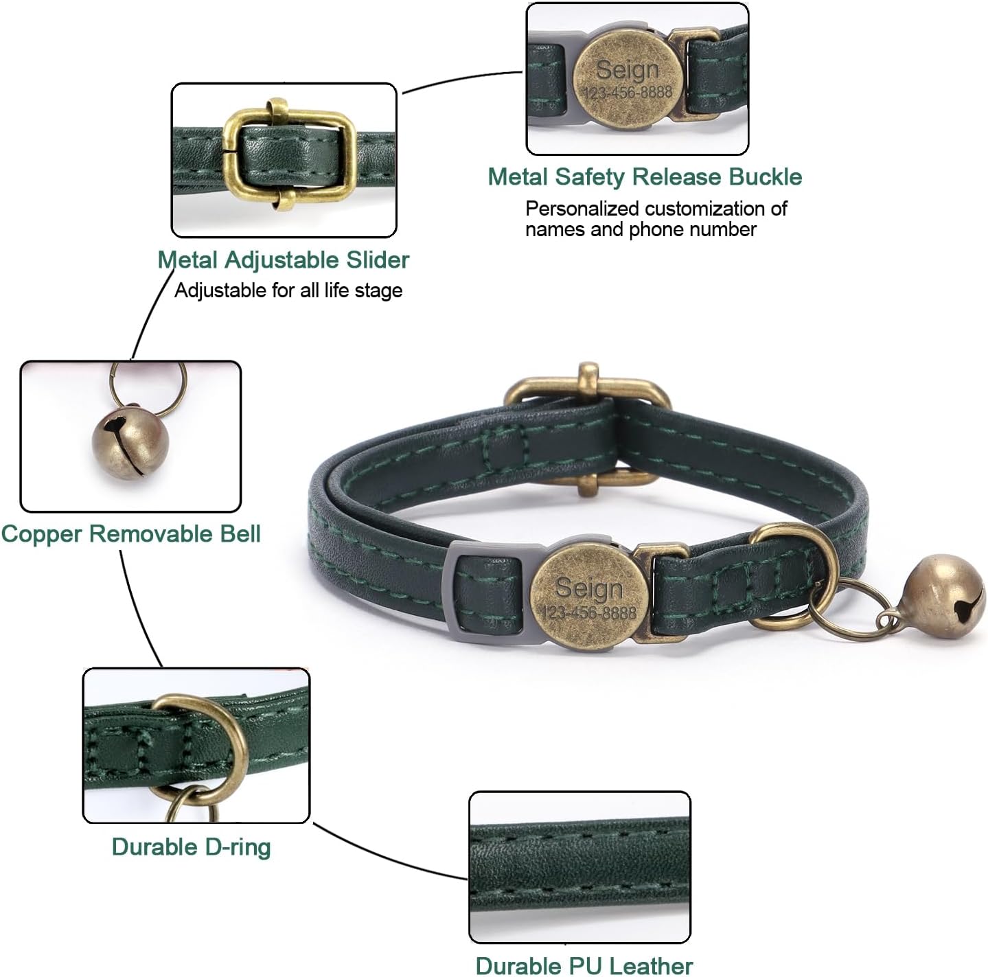 Cat Collar Breakaway, Personalized Leather Cat Collar with Bells-Adjustable Customized Collar with Name & Phone Number Tag for Girl Boy Cats -Quick Release Buckle for Cats & Kittens(Green)