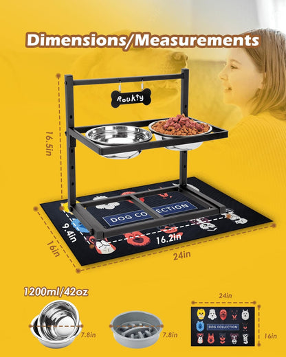 Elevated Dog Bowls with Slow Feeder & Mat, Adjusable Height Raised Dog Bowl Stand with 2 Stainless Steel 1200ML Bowl