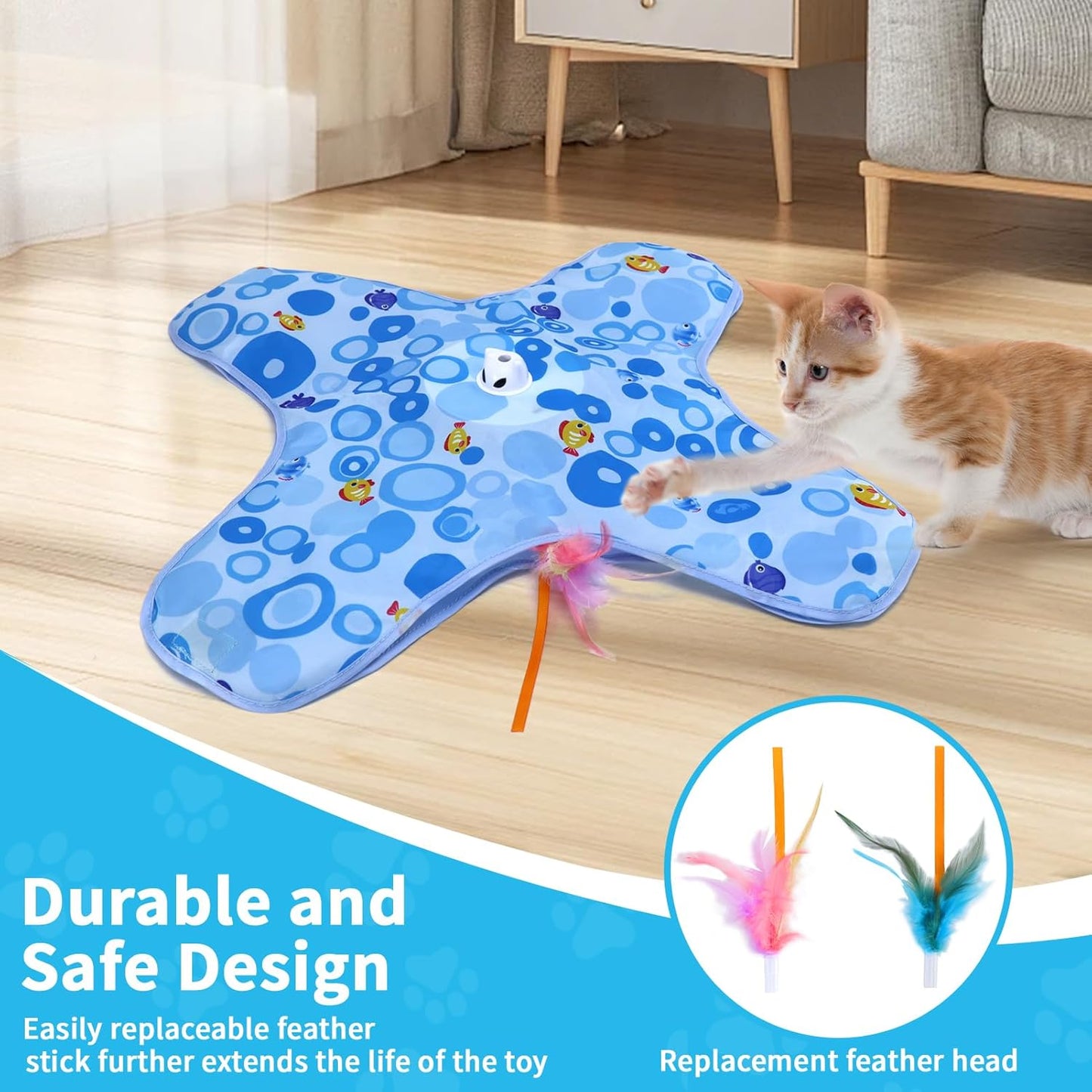 DFQ Interactive Cat Toys Chargeable, 2 in 1 Automatic Hide and Seek Cat Toys with Moving Concealed Feather Hidden in Bag,Touch Activated Cat Kitten Toys for Indoor Bored Adult Cats,Blue