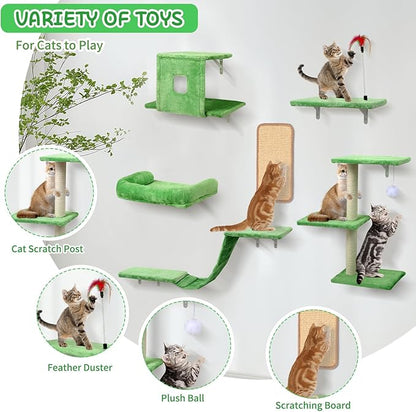 Cat Wall Shelves, 6 in 1 Cat Wall Furniture Set with Condos House, Bed, Bridge, Tree, Steps, Scratching Board, DIY Walls Playground for Indoor (Green)