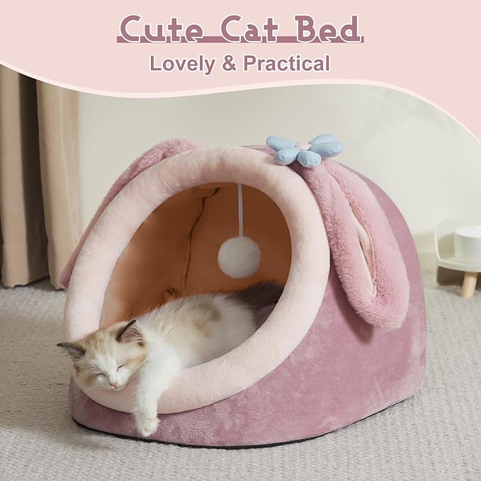 Jiupety Cute Cat Bed for Indoor, Cats Warm Soft Cave Fit for Cat Up to 16 Lb and Puppy, Pink Rabbit, M