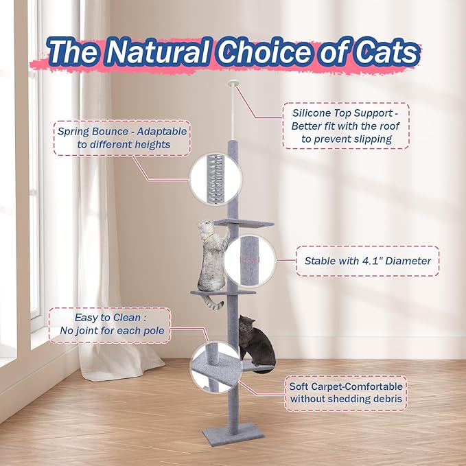Max & Marlow Cat Tree Floor to Ceiling Cat Tower Height 95-108" Adjustable Kitten Tree Tall Climbing Tree with Carpet Scratching Post and Mat Cat Pole for Indoor Cats, Grey