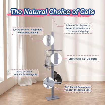 Max & Marlow Cat Tree Floor to Ceiling Cat Tower Height 95-108" Adjustable Kitten Tree Tall Climbing Tree with Carpet Scratching Post and Mat Cat Pole for Indoor Cats, Grey