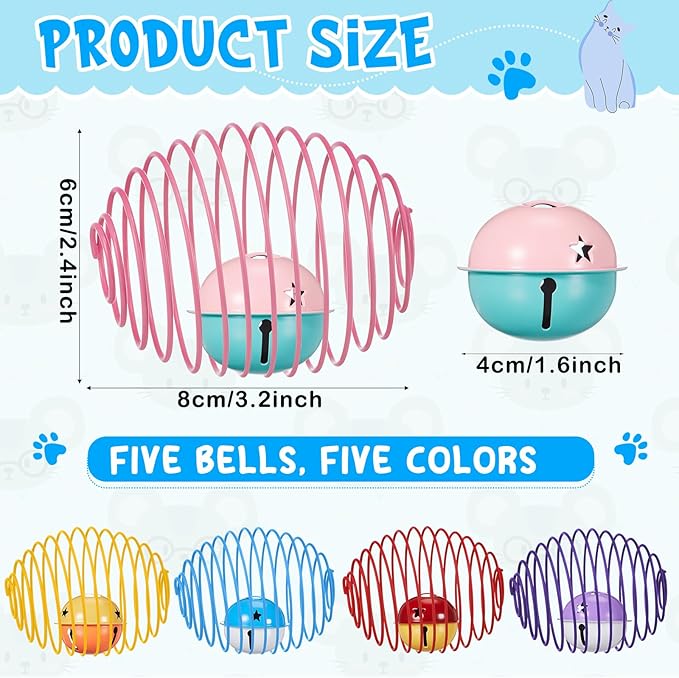 Jecery 5 Pcs Halloween Cat Spring Balls Toys Stretchable Rolling Balls Colorful Playful Coils Interactive Spring Action Toy Caged Rats for Kitten Cat Pet Supplies(Bell,Multicolor,5 Pcs)