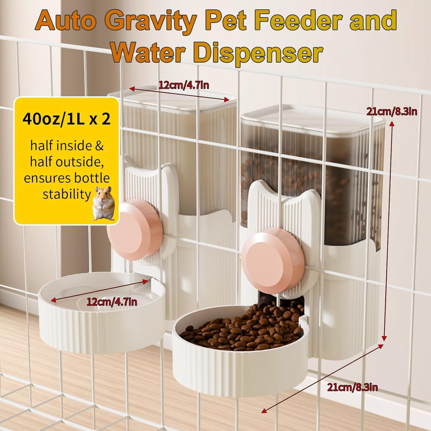 Rabbit Automatic Food Feeder and Water Dispenser Bunny Gravity Feeding Station Waterer Set Hanging Self-Dispensing Feeder for Ferret,Guinea Pigs Chinchillas Hedgehog (Pink)