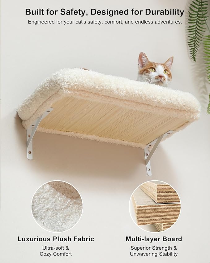 FUKUMARU Cat Wall Shelves, Stable Wall Mounted Cats Furniture Set, Kitten Scratching Post with Soft Cushion Perch, Space Saving Climbing Wall for 16 Inch Drywall - Beige