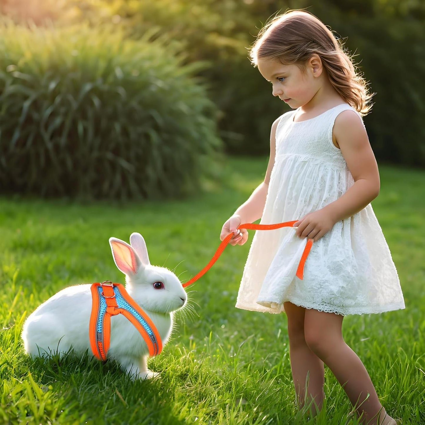 2 Pack Rabbit Harness and Leash Set, Double Buckle Bunny Harness with Reflective Strips Soft Breathable Mesh Vest Harness for Rabbits Walks Accessories