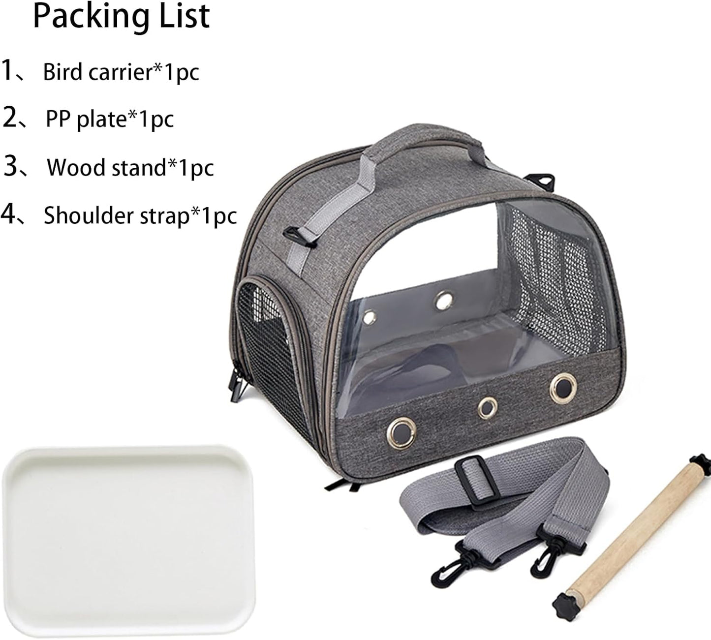 Small Bird Carrier Cage with Standing Perch & Tray Portable & Breathable Pet Travle Transport Carry Bag with Shoulder Strap for Vet Visit & Outdoor Walking (Grey)