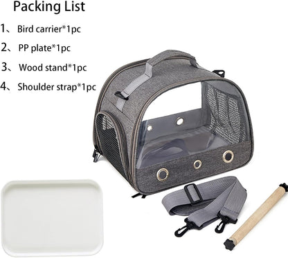 Small Bird Carrier Cage with Standing Perch & Tray Portable & Breathable Pet Travle Transport Carry Bag with Shoulder Strap for Vet Visit & Outdoor Walking (Grey)