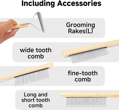 Bamboo Undercoat Rake & Deshedding Comb Set - 4 Piece Pet Grooming Kit with Detangling Brush for Matted Fur Removal, Gentle Massage and Deep Cleaning for Dogs and Cats