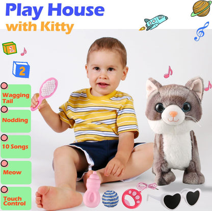 Gray Walking Cat Set Singing That Purrs and Meows Animated Plush Robot Kitten with Leash Moving Plush Stuffed Animal Remote Control Cute Kawai Robotic Kitty Electronic Kitten Toy for Girl Kid
