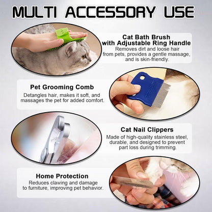 FANOVO Cat Mesh Bathing Bag, Adjustable Cat Bath Bag with Nail Clipper, Bath Brush, Nail File & Comb, Anti-Scratch Shower Bag for Pet Grooming, Bathing & Restraint, Durable Washing Bag for Cats