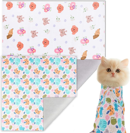 Cat Wrap for Grooming Self-Adherent Cat Wrap for Cutting Nails Cat Grooming Wrap Cat Burrito Wrap Anti-Bite, Anti-Escape Cat Swaddle Wrap 2PCS (Green Kitten-M & Floral-XL, M & XL)