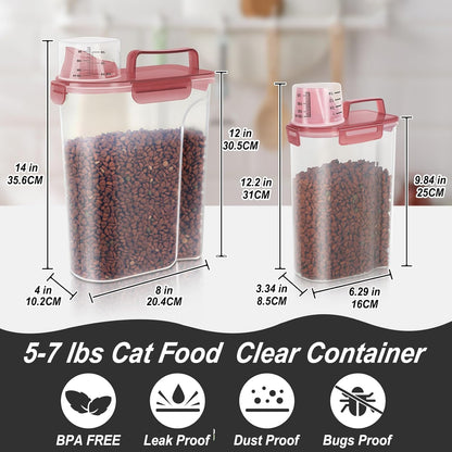 2Pack Cat Dog Food Storage Container with Upgraded Large Nozzle BPA-free, 3+5lbs Plastic Pet Food Containers with 4 Sealed Clasps/1 Measuring Cup/Handle Easy to Clean and Carry (Clear Pink)