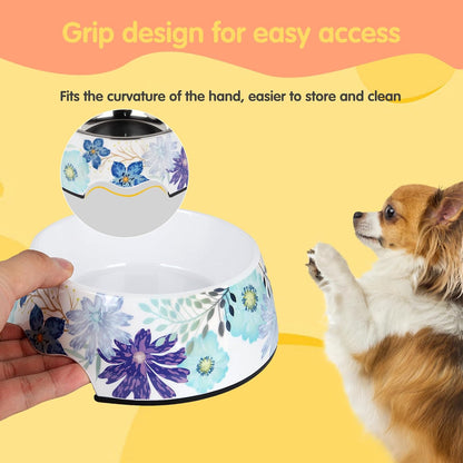 Pet Cats Dogs 2 in 1 Food Water Bowls - Non Slip Skid Proof Heavy Duty Pet Cats Dog Food Water Bowls for Feeding Drinking Small Medium Large Dogs Cats Puppies (Blue Flower, S:7OZ)