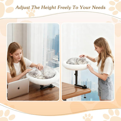 Adjustable Cat Desk Bed, 360° Rotatable Elevated Desk Cat Bed for Home Office, Space-Saving Design Table Supports Up to 60 lbs, Soft Faux Fur Bed with Removable Washable Cover (Beige)