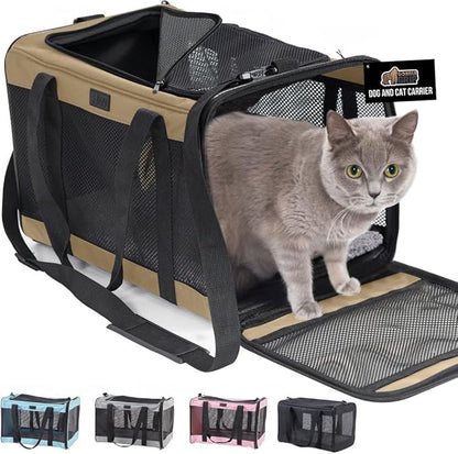 GORILLA GRIP Cat Carrier Travel Bag Up to 15 Lbs, Soft Collapsible Small Dog Carriers, Top and Side Entry Breathable Mesh, Grip Feet on Underside, Cozy Washable Waterproof Pad, Portable Kennel, Beige